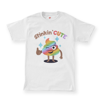 Custom printed kids t-shirt with funny rainbow poop emoji and text that reads: Stinkin Cute.