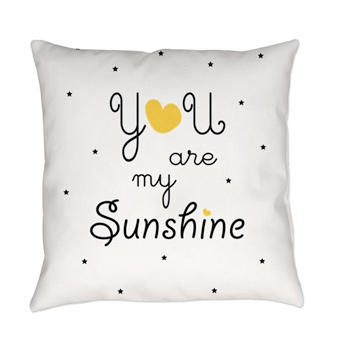 Custom printed pillow with black dots and yellow heart design and text that reads: You are My Sunshine
