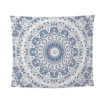 Custom printed tapestry with a blue gray and white mandela pattern design.