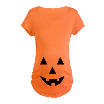 Custom printed orange maternity t-shirt with a Halloween jack-o-lantern face design printed on the stomach area.