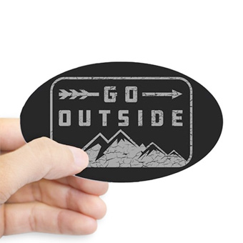 Custom printed sticker with a mountain design and text that reads: Go Outside.