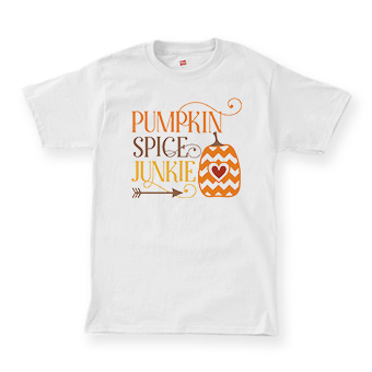 Custom printed t-shirt with a fall pumpkin design and test that reads: Pumkin Spice Junkie.