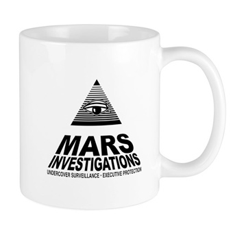 Custom printed coffee mug with official licensed Veronica Mars TV Show design showing the Mars Investigations logo.