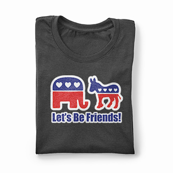 Dark gray election 2020 t-shirt showing Democratic and Republican mascots and text that reads: Lets Be Friends!