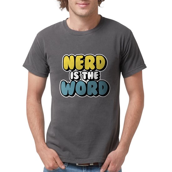Man wearing grey t-shirt that says Nerd is the Word