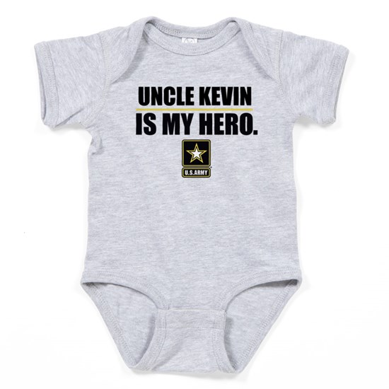 Gray baby bodysuit with US Army logo and text that reads Uncle Kevin is My Hero