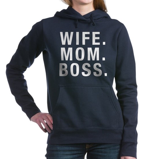 Dark hoodie with Wife Mom Boss design in bold white text