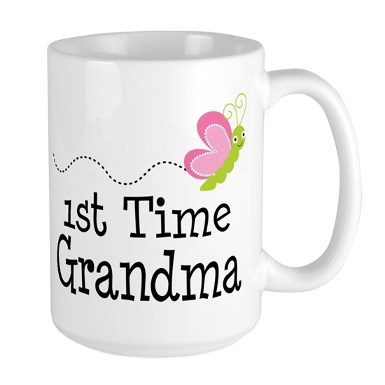 White mug with cute butterfly drawing and First Time Grandma text