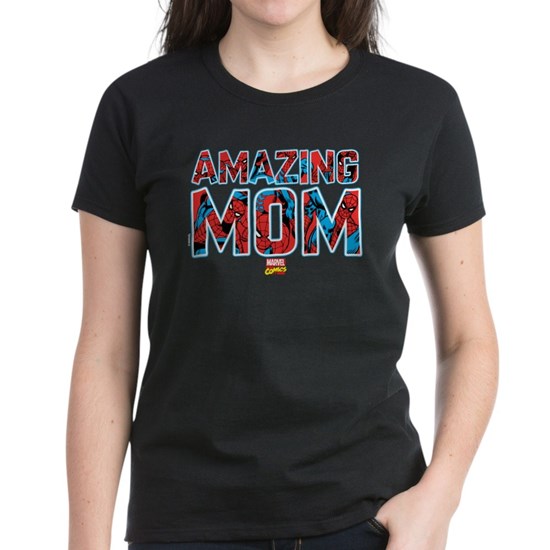 Black t-shirt with block text that reads Amazing Mom and has Spiderman images in the letters
