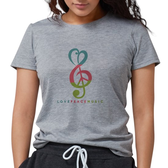 Grey t-shirt with a drawing of a treble clef turning into a heart at the top that reads Peace Love Music