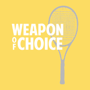 Funny tennis design showing a tennis racket silhouette and text that reads: Weapon of Choice.