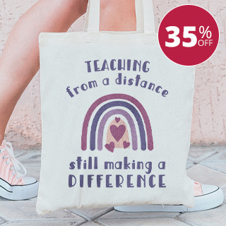 Canvas tote bag with a stylized text desing reading: Teaching from a distance, still making a difference. With an image of a rainbow and hearts underneath it.
