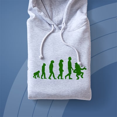 A hoodie showing the famous evolution process that ends with a leprechaun.