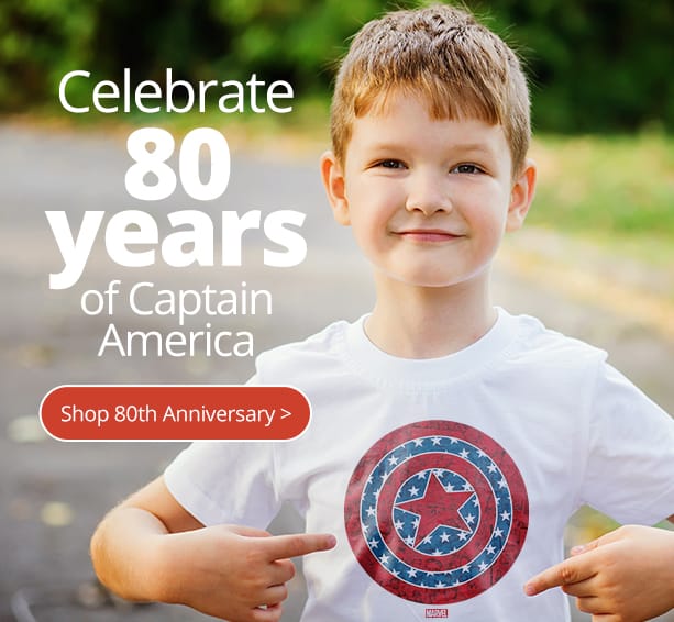 Celebrate 80 Years of Captain America. Young boy wearing a t-shirt with an official licensed Captain America 80th anniversry shield design.