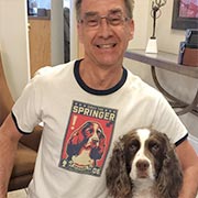 Happy male customer with a custom Cafepress T-Shirt with a photo of his Springer Spaniel printed on it.