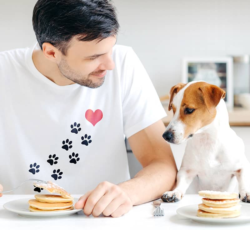 Man sitting at the table eating pancakes with a dog looking hungrily at his plate. Man is wearing a custom printed t-shirt with an illustration of paw prints going to his heart.