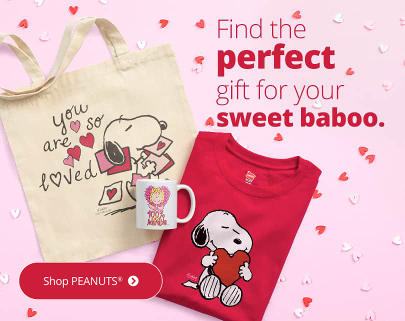An multiproduct shop showcasing a canvas totebag, standard mug, and classic t-shirt. All products have officially licensed PEANUTS(R) designs on them.