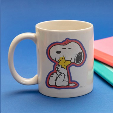 Custom design mug with official licensed Peanuts Snoopy and Woodstock design.