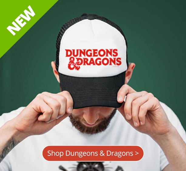 Shop Dungeons and Dragons. Man wearing trucker hat with official licensed Dungeons & Dragons logo design.