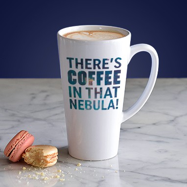 Latte mug with an official licensed Star Trek logo design with universe stylized text that reads: There's Coffee in That Nebula.