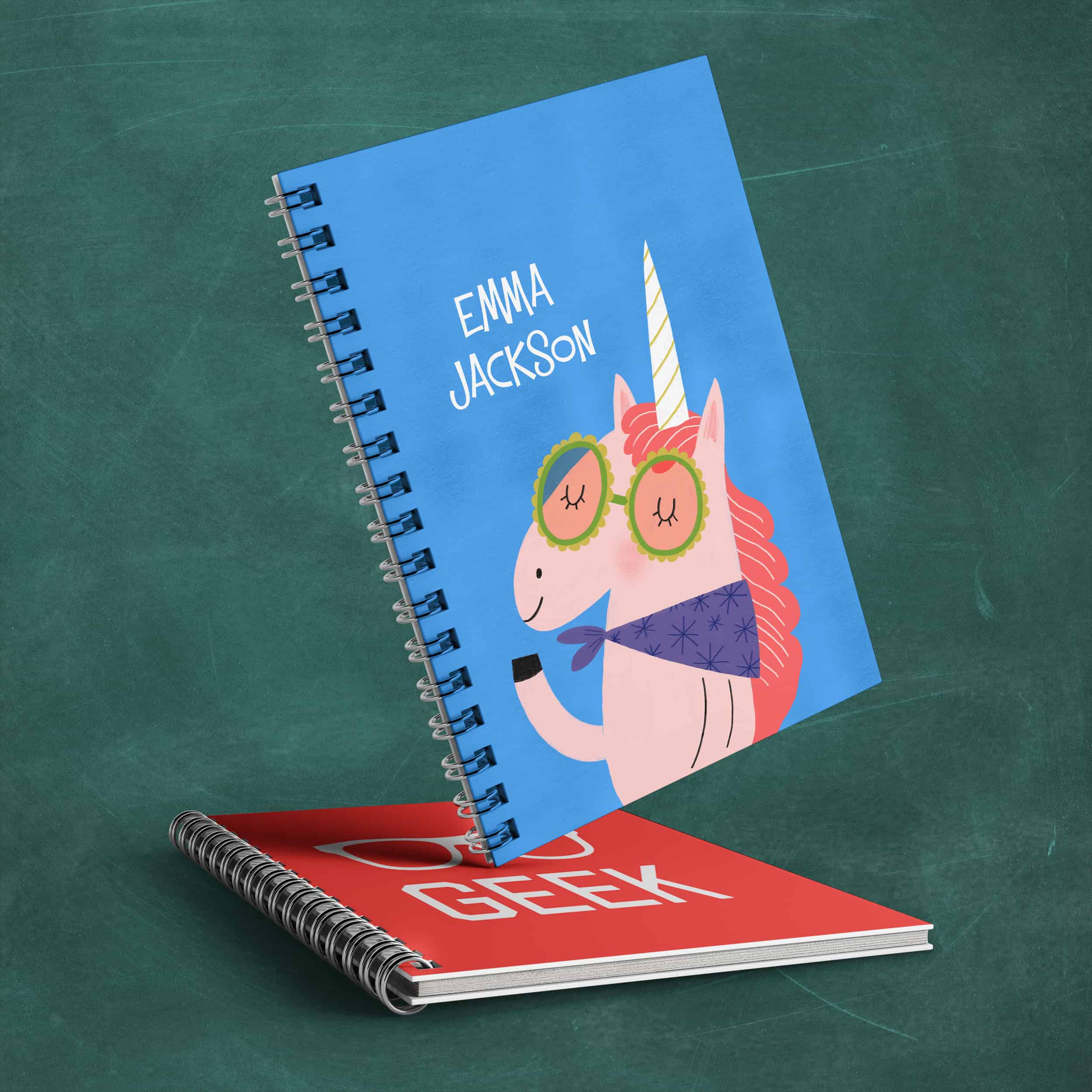 Two custom design notebooks with personalized unicorn design and geek design.