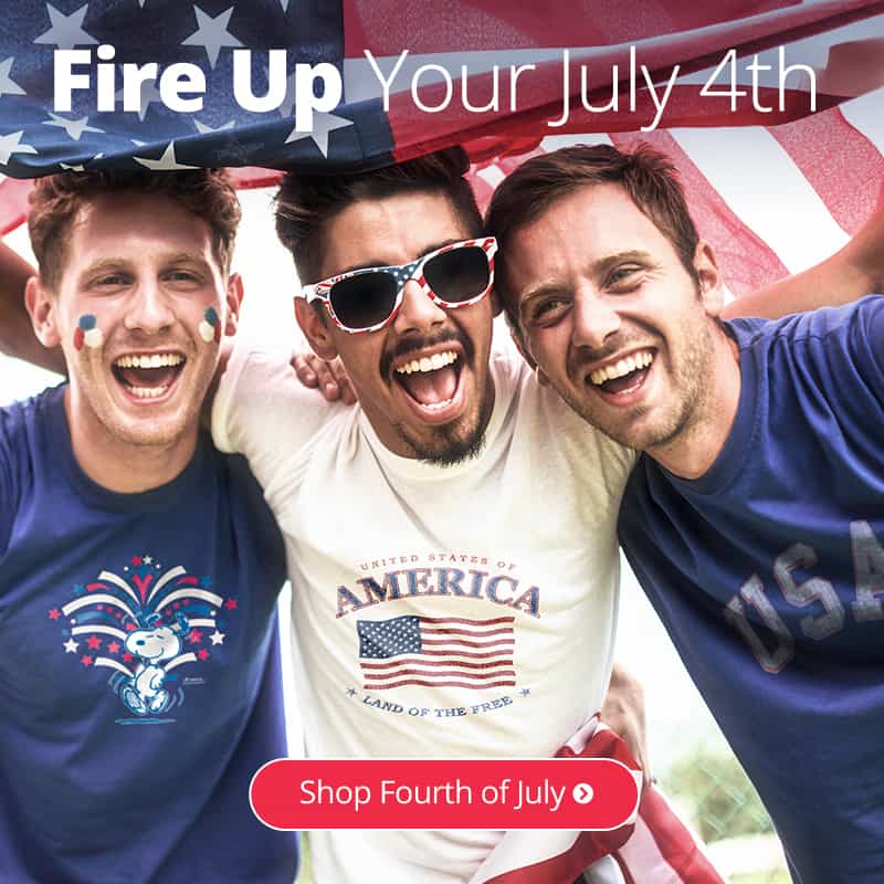 An image of three male friends holding up an American Flag all wearing custom printed classic tee shirts with some sort of Americana feel to them.