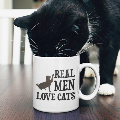 Cat drinking from a mug with Real men Love Cats design