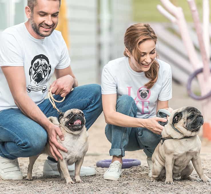 Two rescue pugs being walked by man and woman in custom design t-shirts with pug illustration and text which reads Pug Life in a gothic font.