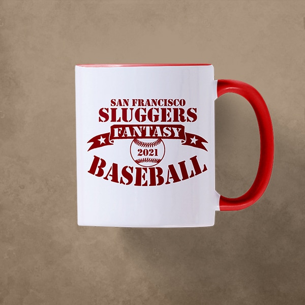A personalized standarg mug with a red handle showing off the San Fransico Sluggers Fantasy Baseball logo. Design your personal product today!