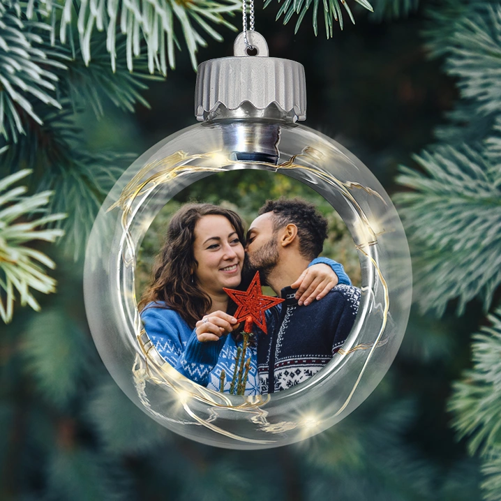 Round baubles with a custom photo of a couple.