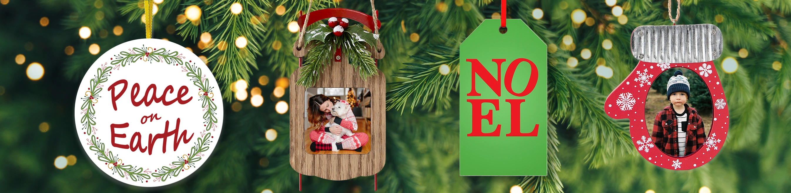 Multiple baubles hanging from CafePress' extensive line of custom holiday shop displaying various designs found on site.