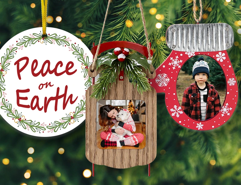 Multiple baubles hanging from CafePress' extensive line of custom holiday shop displaying various designs found on site.