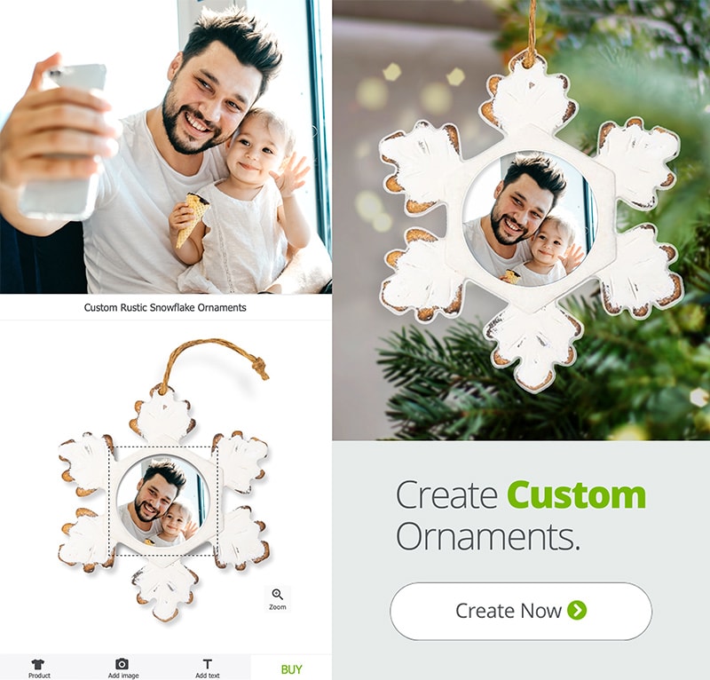 Image of a father and daughter taking a selfie and using CafePress' website to create a custom and unique ornament.