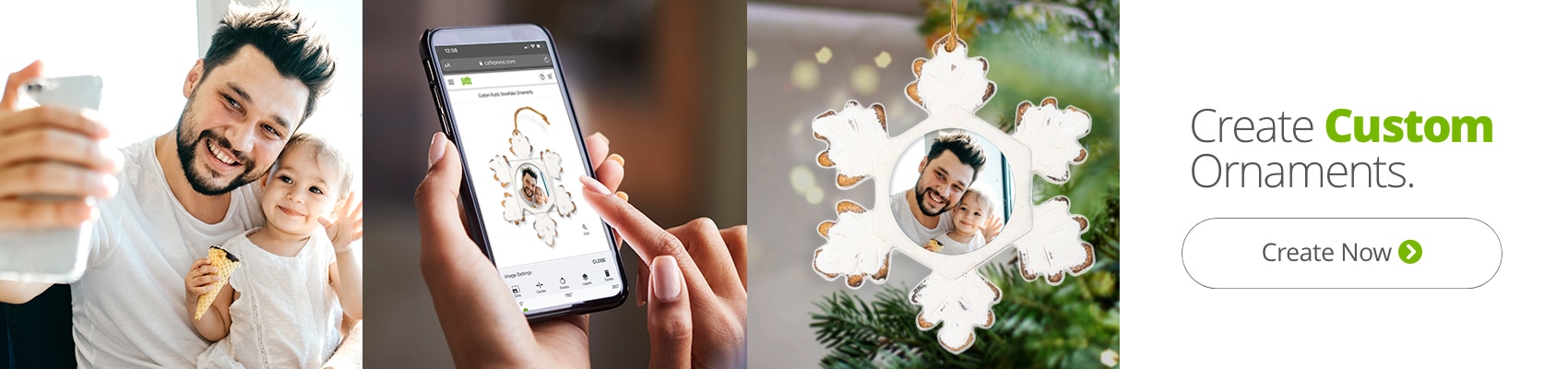 Image of a father and daughter taking a selfie and using CafePress' website to create a custom and unique ornament.