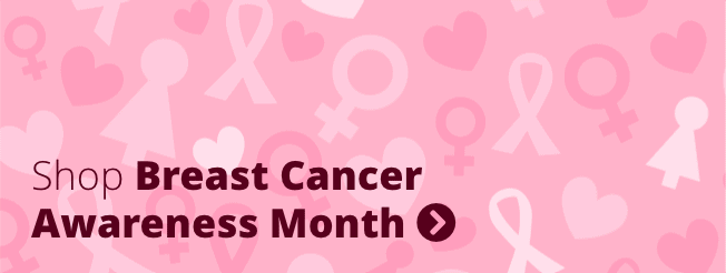 Shop Breast Cancer Awareness Gifts text displayed over a pink awareness ribbon pattern background.