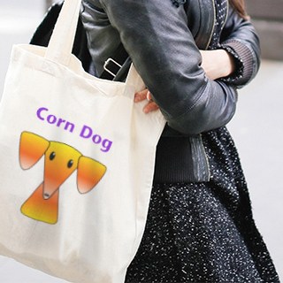 Corn Dog design where the shape of a dog is made using Candy Corn - placed on a canvas tote bag.