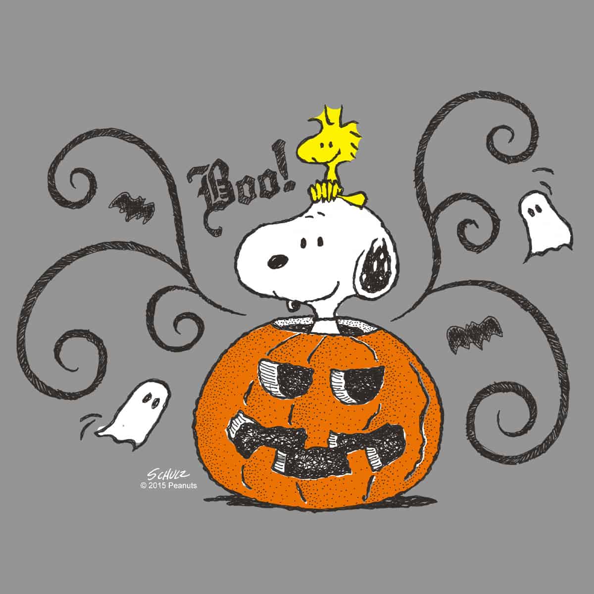 Official licensed Peanuts Halloween design with Snoopy and Woodstock on a pumpkin with ghosts around them