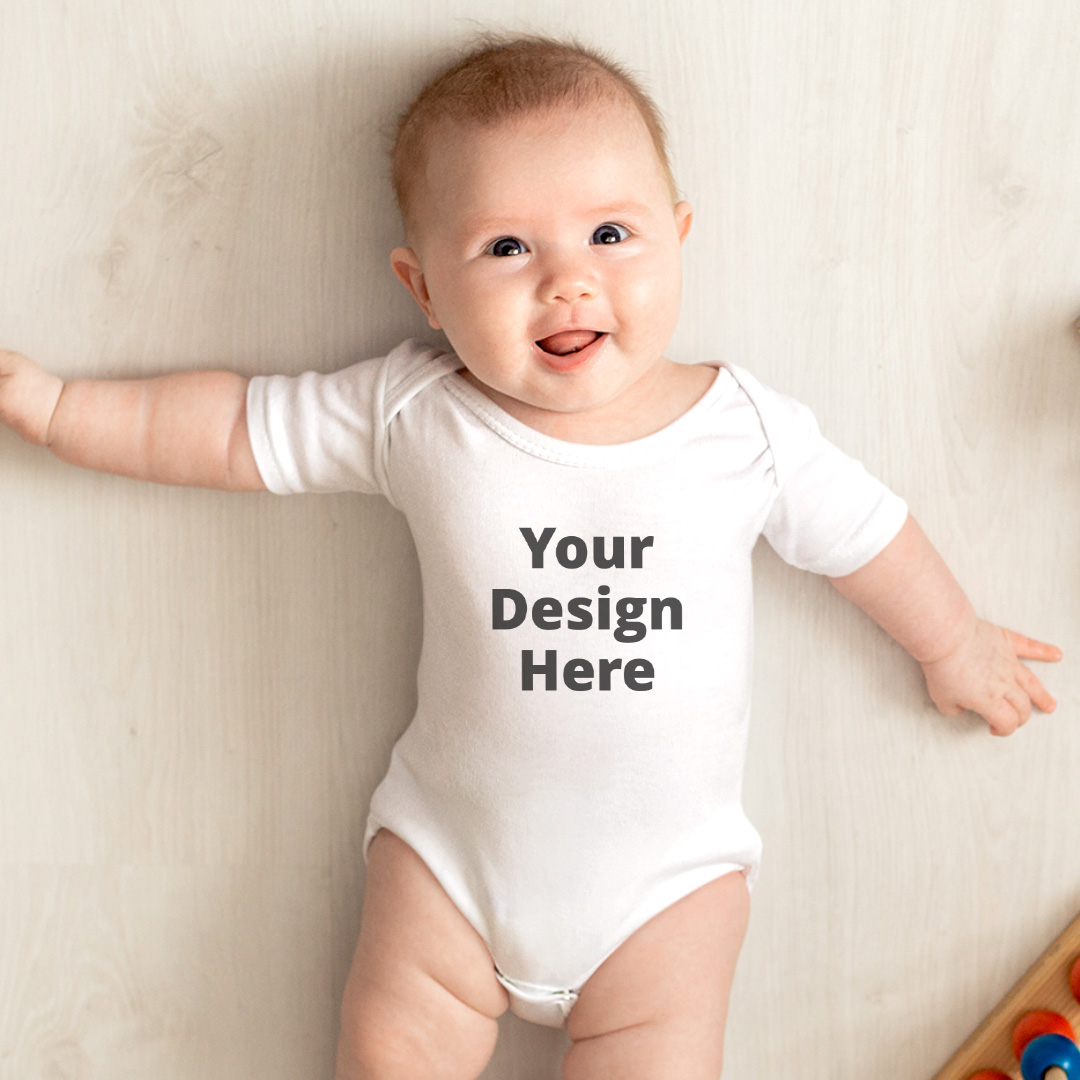 Baby wearing bodysuit with area for custom design