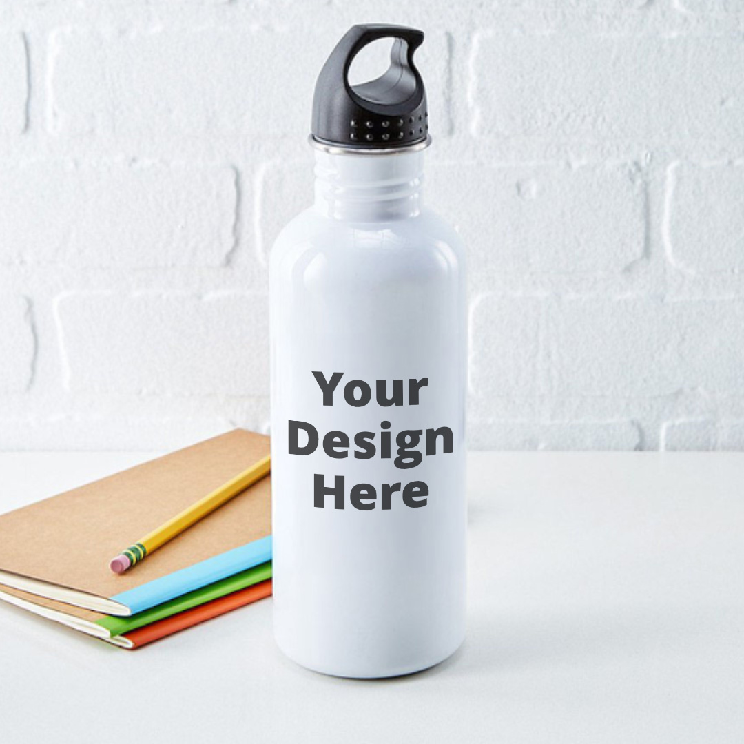 Water Bottle on a table showing area for custom design
