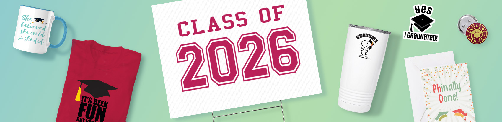 Multiple products with images of graduation graphics. 