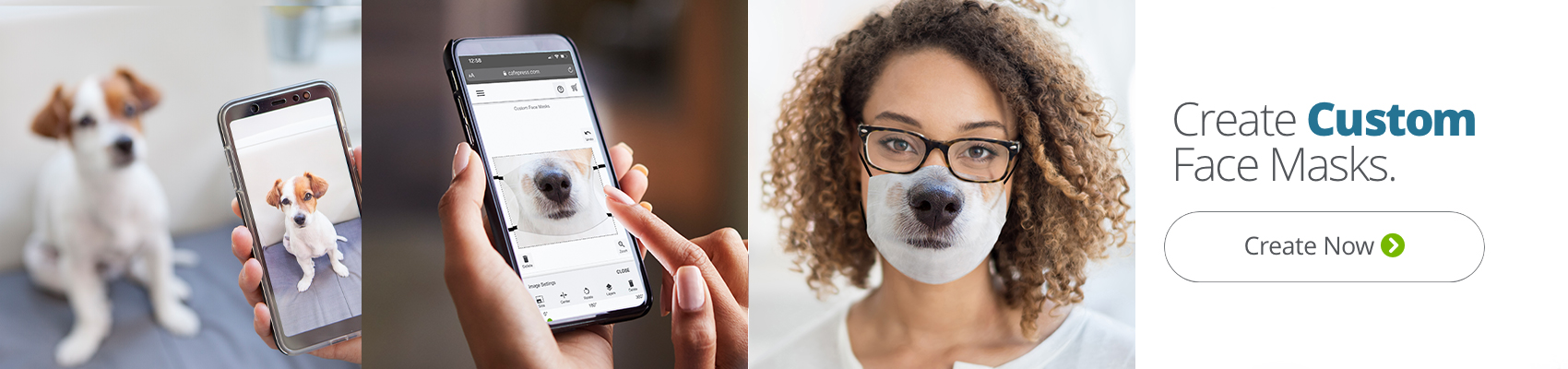 Images of a woman creating her own face mask design based on a photo of her dog's nose on a CafePress face mask. Your Ideas. Our Tool. One of a Kind Gifts