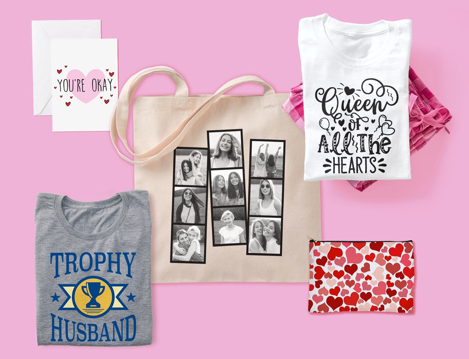 Multiple products from CafePress' extensive line of custom valentine's day shop displaying various designs found on site.
