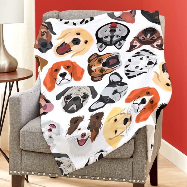 Blanket covered of animated pets face.