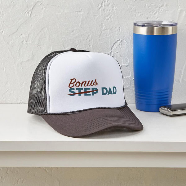 Hat with custom photo heart that says: Bonus dad, not a step dad.