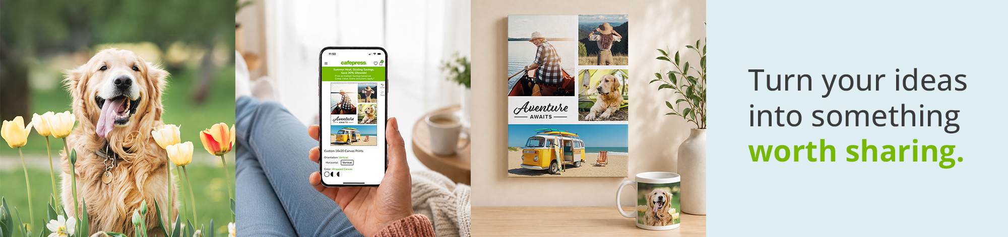 Showing process of taking your own artwork, snapping a photo, and having that end up on a custom product from CafePress.
