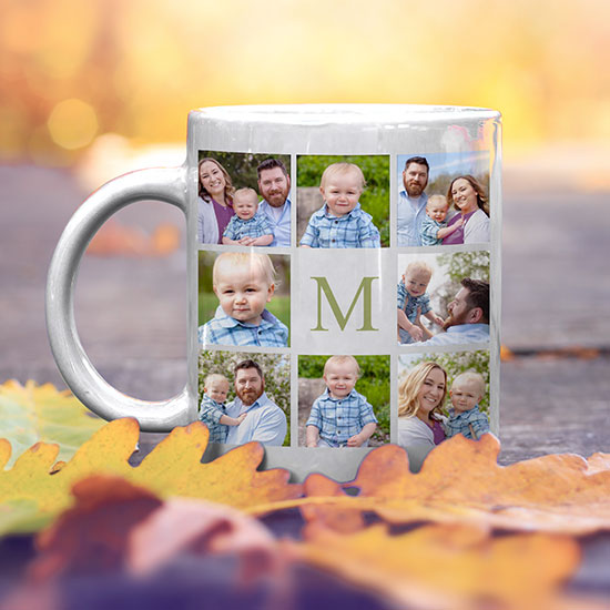 Gift ideas - Add your own photo or image to t-shirts, mugs, drinkware, home goods, sweatshirts, apparel. Photo of a personalized photo mug with multiple family photos of mom, dad, and baby