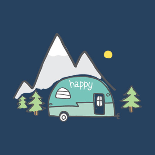 Image of a unique CafePress design for that outdoorsy person you know. A camper in foront of some mountains at night with Happy writtin on the camper.