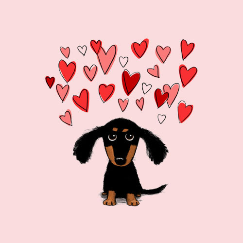 Image of a unique CafePress design perfectly fitting for the pet lover in your life. This design is an image of a dog with a lot of hearts around them.