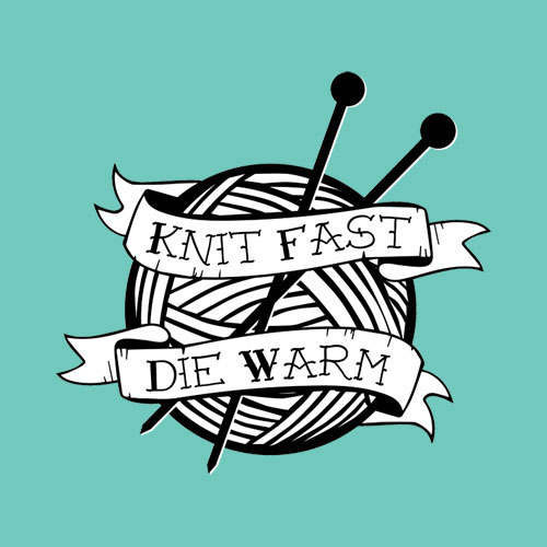 Image of a unique CafePress design for those people you know who love to craft and sew things. Design reads Knit Fast, Die Warm.