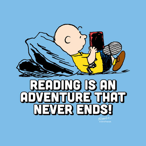 Image of a unique CafePress design for the person who loves to read. It's an Officially Licensed Peanuts design with Charlie Brown reading a book on a pillow with the phrase, Reading is an adventure that never ends!